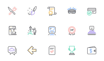 Coffee maker, Checked file and Award cup line icons for website, printing. Collection of Certificate, Fireworks, Paint brush icons. Weather forecast, Left arrow, Smile web elements. Vector