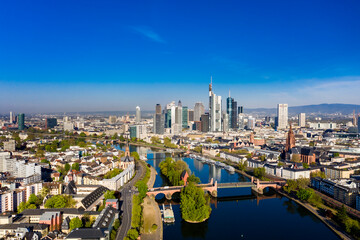 Aerial view, Frankfurt,  skyline, with skyscrapers, river Main, Hesse, Germany - obrazy, fototapety, plakaty