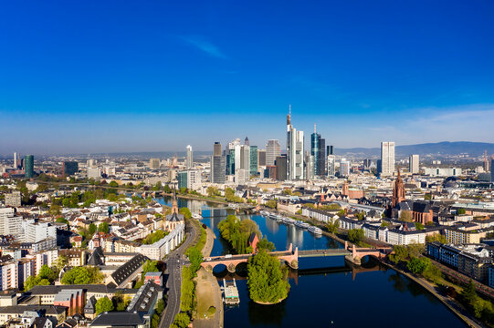 Aerial view, Frankfurt,  skyline, with skyscrapers, river Main, Hesse, Germany