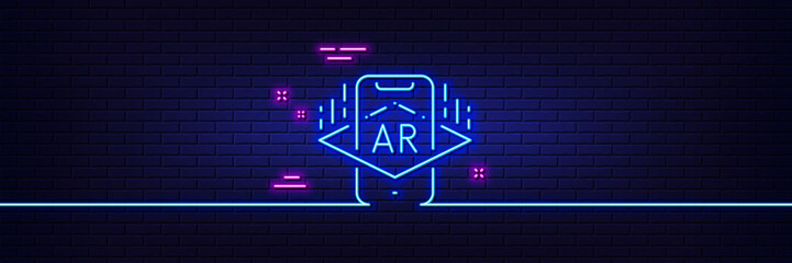 Neon light glow effect. Augmented reality phone line icon. VR simulation sign. 3d view symbol. 3d line neon glow icon. Brick wall banner. Augmented reality outline. Vector