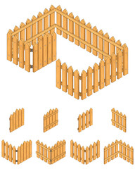 Cartoon isometric fence. Set of wooden fence for games. 3d set in isometric projection. Vector illustration in cartoon and game style.