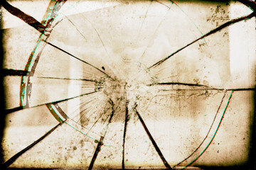 Vintage photo with film grain and frame wit wet plate technique - Broken glass with white refliction and black cracks..