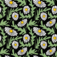 Seamless pattern with colorful retro groovy chamomiles. Summer simple abstract floral design in naive art style. 60s vintage style plants. Colorful psychedelic background.Vector illustration