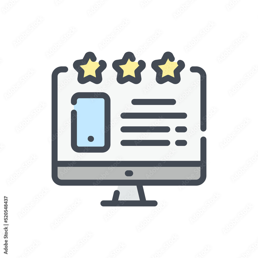 Poster product reviews and rating color line icon. computer with product with rating stars and review vecto