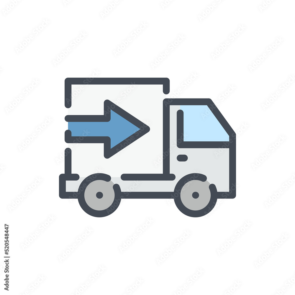 Poster fast delivery color line icon. shipping van with arrow vector outline colorful sign.