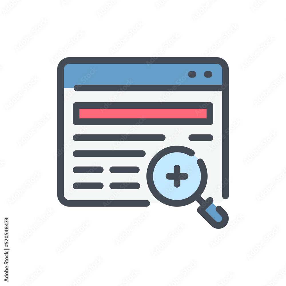 Poster web research color line icon. website with content and magnifier glass vector outline colorful sign.