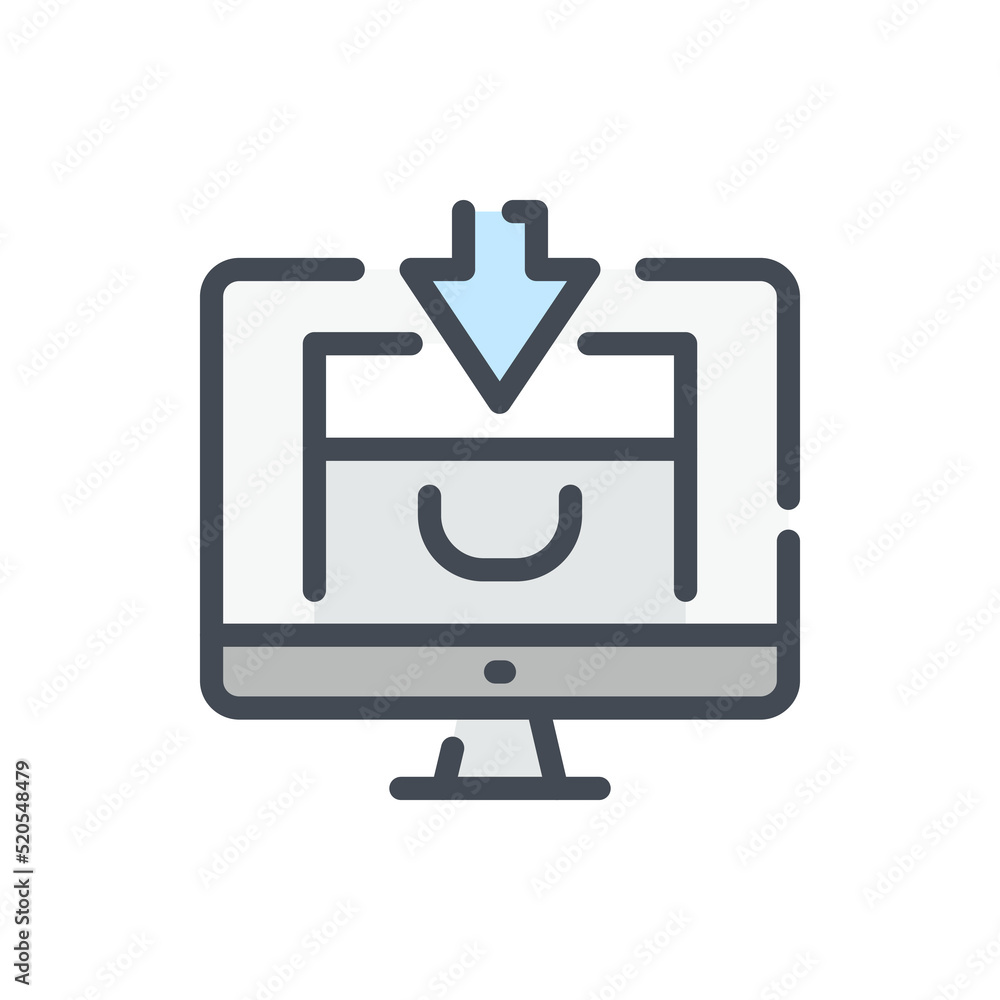 Poster add to shopping cart color line icon. computer display with shopping bag and arrow down vector outli
