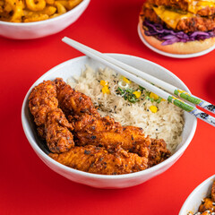 Fried Seasoned Chicken And Rice Chopsticks, Asian Style, Korean, Chinese Food Photography Red Backdrop