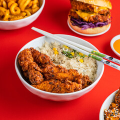 Fried Seasoned Chicken And Rice Chopsticks, Asian Style, Korean, Chinese Food Photography Red Backdrop