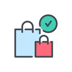 Shopping bags with check mark in circle color line icon. Purchase confirmation vector outline colorful sign.