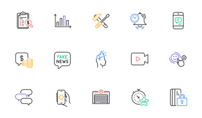 Vip timer, Message and Parking garage line icons for website, printing. Collection of Video camera, Blocked card, Coins icons. Time management, Accounting report, Health app web elements. Vector