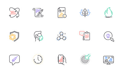 Full rotation, Chemistry molecule and Coronavirus line icons for website, printing. Collection of Clipboard, Organic tested, Report icons. Time, Medical mask, Agreement document web elements. Vector - obrazy, fototapety, plakaty