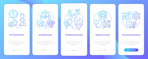 Supply chain priorities blue gradient onboarding mobile app screen. Management walkthrough 5 steps graphic instructions with linear concepts. UI, UX, GUI template. Myriad Pro-Bold, Regular fonts used