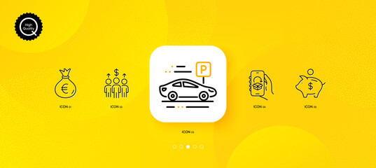 Fototapeta na wymiar Car parking, Money bag and Meeting minimal line icons. Yellow abstract background. Piggy bank, Delivery app icons. For web, application, printing. Vector