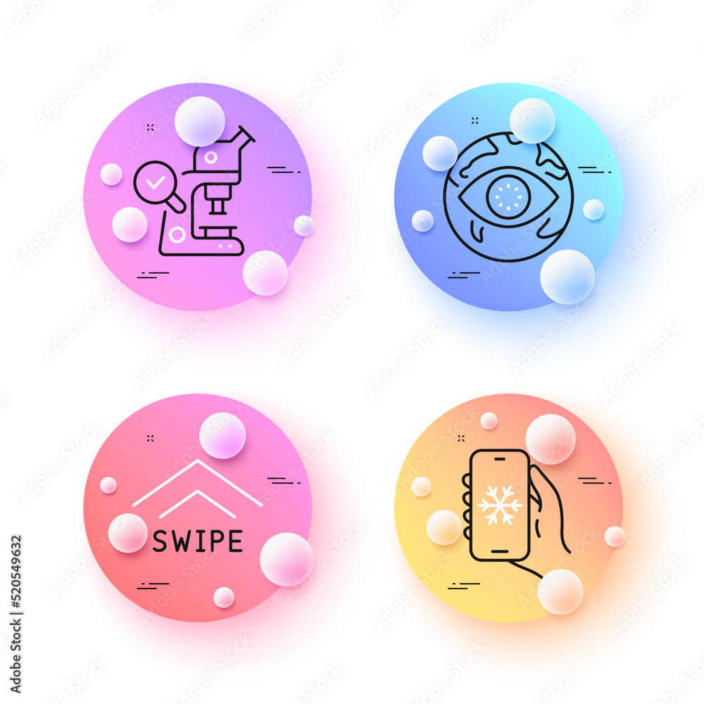 Poster microscope, cyber attack and swipe up minimal line icons. 3d spheres or balls buttons. air condition