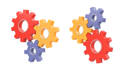 Set of three multicolored gears on a white background. 3d render.