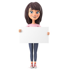 Girl cartoon character in a pink t-shirt isolated on a white background holding a blank board. 3d rendering illustration.