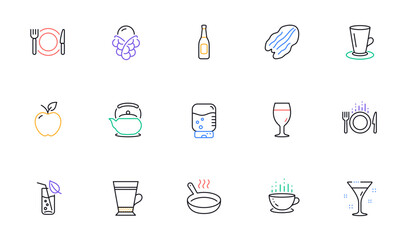 Teapot, Ice cream and Cocktail line icons for website, printing. Collection of Latte, Food, Beer glass icons. Water glass, Pecan nut, Coffee cup web elements. Beer, Restaurant food, Teacup. Vector