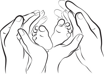 Line sketch of children's legs in the hands of mother and father; The concept of happy family motherhood; Hand drawn illustration.