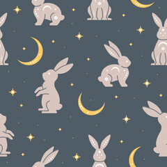 Obraz na płótnie Canvas Trendy celestial seamless pattern with rabbits. Boho magic background with space elements, moons, stars and rabbits. Design for card, fabric, print, greeting, poster. Vector illustration
