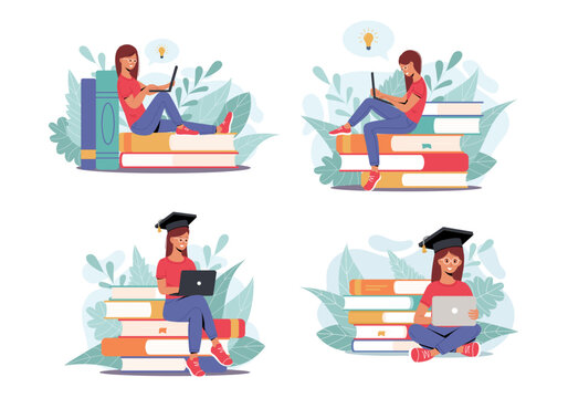 Set of Student girls studying with laptop. Young woman sitting on stack of books, getting knowledge online. Collection of vector illustration for e-learning, internet course, school concept. Education