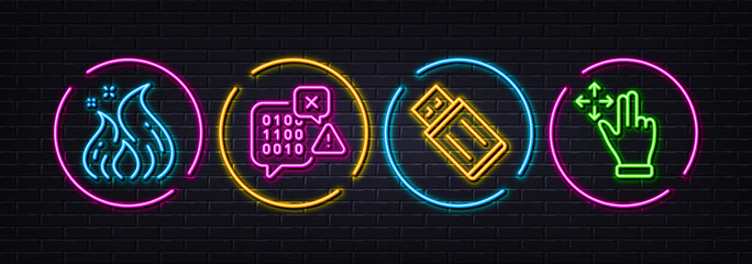 Usb flash, Fire energy and Binary code minimal line icons. Neon laser 3d lights. Move gesture icons. For web, application, printing. Memory stick, Flame, Programming chat. Swipe. Vector