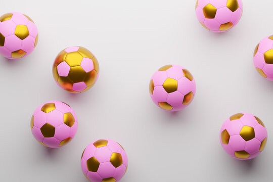 Many pink soccer balls with one golden soccer ball, women s soccer 3d concept