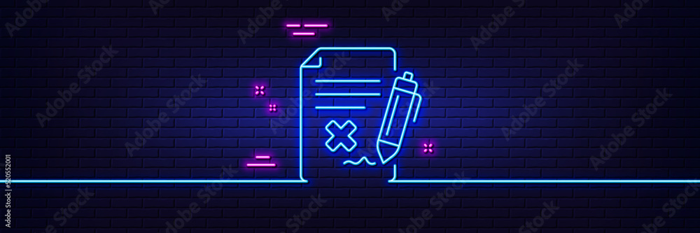 Aufkleber neon light glow effect. reject file line icon. decline document sign. delete file. 3d line neon glow