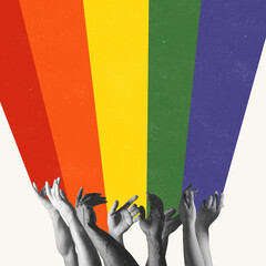 Contemporary art collage. Conceptual image with human hands giving support to lgbt. Freedom of...