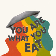 Contemporary art collage. Conceptual image of female mouth with quote. Maintaining healthy lifestyle, healthy eating