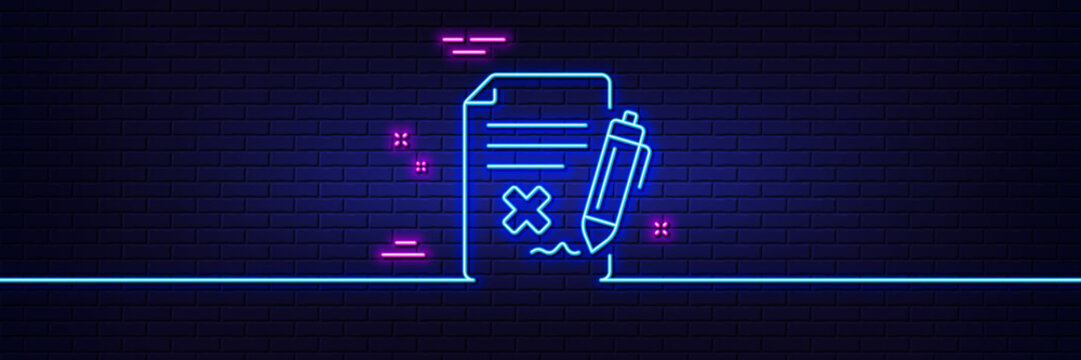 Neon light glow effect. Reject file line icon. Decline document sign. Delete file. 3d line neon glow icon. Brick wall banner. Reject file outline. Vector
