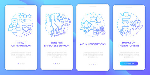 Business ethics advantages blue gradient onboarding mobile app screen. Walkthrough 4 steps graphic instructions with linear concepts. UI, UX, GUI template. Myriad Pro-Bold, Regular fonts used