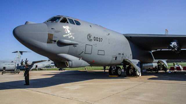 American strategic bomber Boeing B-52 "Stratofortress" at parking lot of  Gromov Flight Research Institute. Close-up. MAKS-2011 Zhukovsky, Russia - August 17, 2011