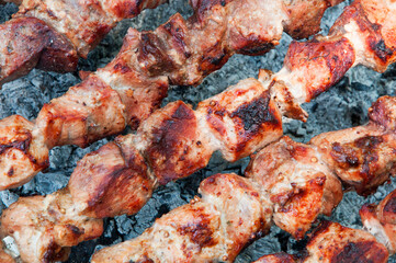 juicy barbecue on coals. fried meat on a fire. concept of outdoor recreation. roast beef on skewers