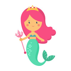 Cute cartoon mermaid girl with pink hair and green tail. Beautiful smiling sea kid, children vector illustration on a white background.