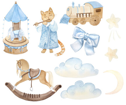 Watercolor illustration depicting vintage cute fairy tale children's toys, clouds, stars and the moon, isolated
