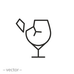 fragile glass icon, broken glasses cup, label for packaging, thin line symbol on white background - editable stroke vector illustration