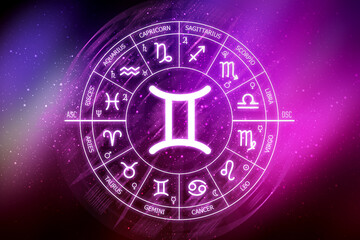Gemini zodiac sign. Gemini icon on blue space background. Zodiac circle on a dark blue background of the space