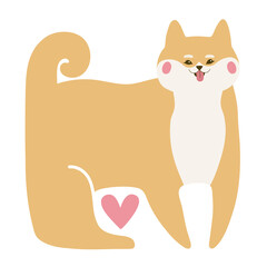 Vector illustration with abstract style colored shiba inu dog and pink heart. Domestic animal print design
