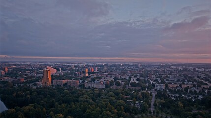 Sunset in The Hague, with view of the Escamp Municipal District Officecity hall (Stadsdeelkantoor Escamp)