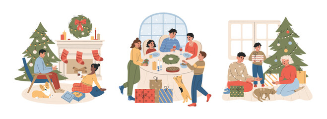 Christmas set of families with kids celebrate at home. Happy people near the xmas tree, at the feast table, give gifts. Hand drawn vector illustration isolated on white background. Flat cartoon style.