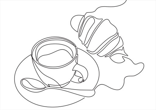 breakfast with croissant and coffee drawn in one line style.