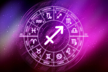 Fototapeta na wymiar Sagittarius zodiac sign. Sagittarius icon on blue space background