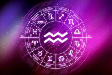 Fototapeta na wymiar Aquarius zodiac sign. Zodiac circle on a dark blue background of the space. Astrology