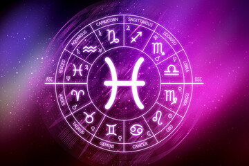 Pisces zodiac sign. Zodiac circle on a dark blue background of the space. Astrology