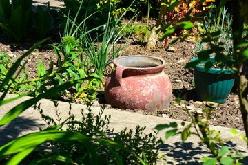 Close-up shot of an aged clay vase in the garden