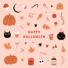 cute set of halloween vector illustration prints stickers - happy halloween