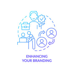 Enhancing your branding blue gradient concept icon. Employee experience. Onboarding challenge abstract idea thin line illustration. Isolated outline drawing. Myriad Pro-Bold font used
