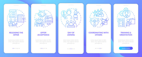 Team joining process blue gradient onboarding mobile app screen. Employment walkthrough 5 steps graphic instructions with linear concepts. UI, UX, GUI template. Myriad Pro-Bold, Regular fonts used