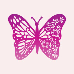 Pink butterfly with rose flowers on its wings. Stencil for cutting